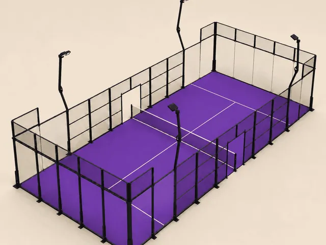 ILAN Classic padel court in purple turf, glass back walls and steel mesh structure