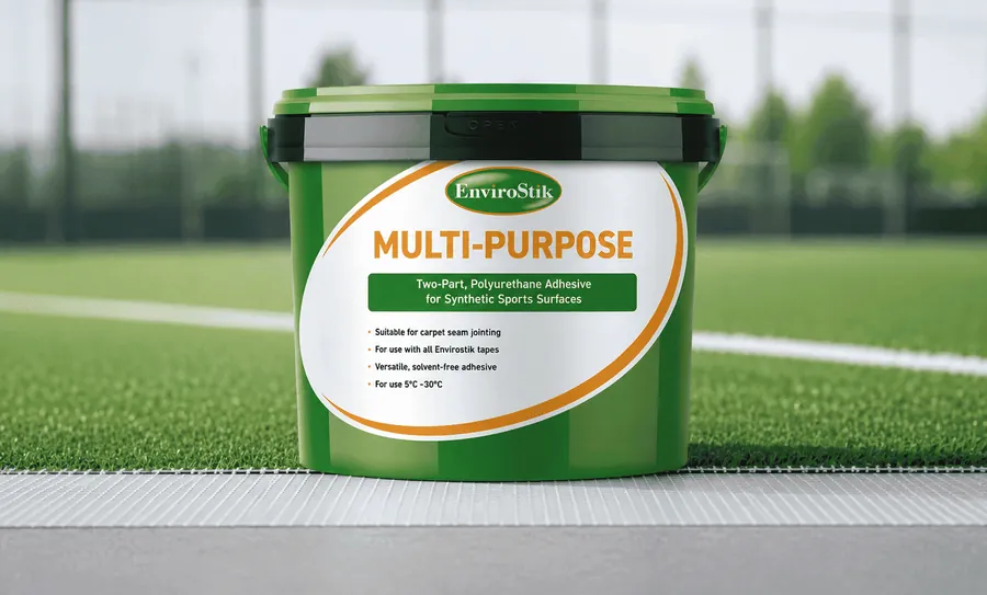 EnviroStik Multi-Purpose two-part polyurethane turf adhesive tub on a synthetic pitch