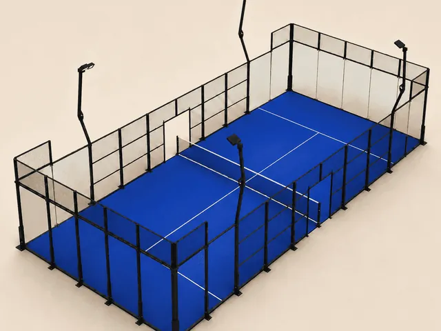 ILAN Classic padel court in blue turf, glass back walls and steel mesh structure
