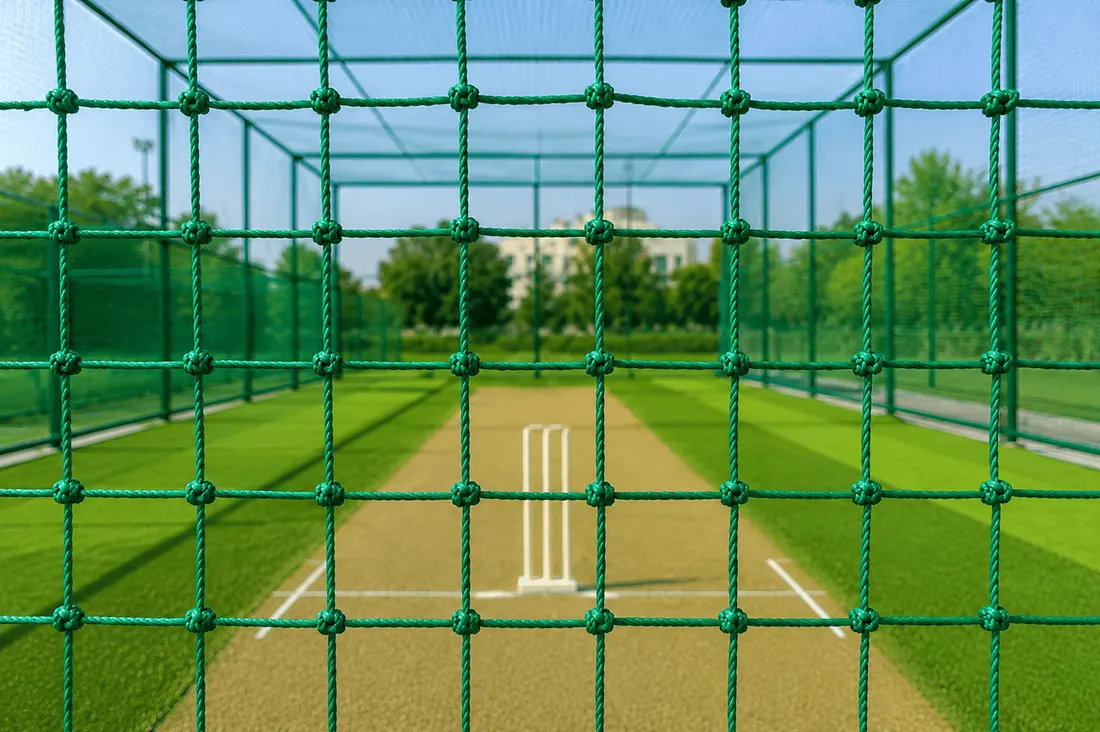 Cricket pitch seen through Garware practice netting