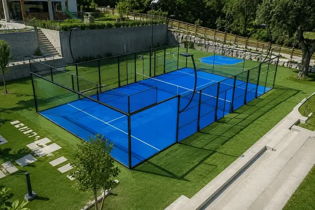 Blue ILAN padel court in a landscaped garden