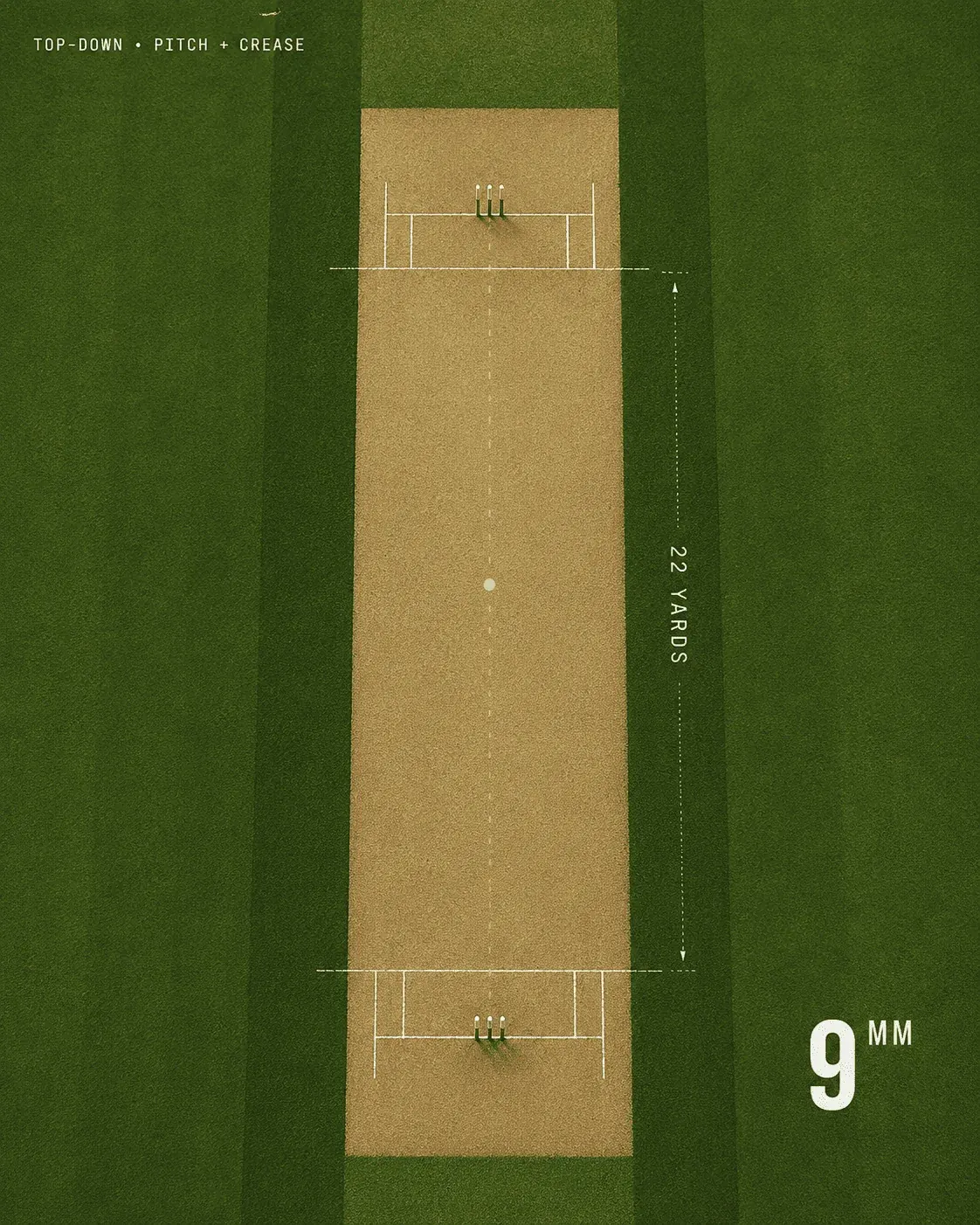Top-down plan of the 9 mm cricket pitch strip with crease markings and 22-yard length