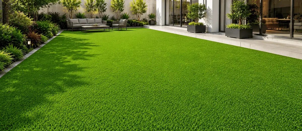 ILAN Evergreen artificial grass in a landscaped courtyard