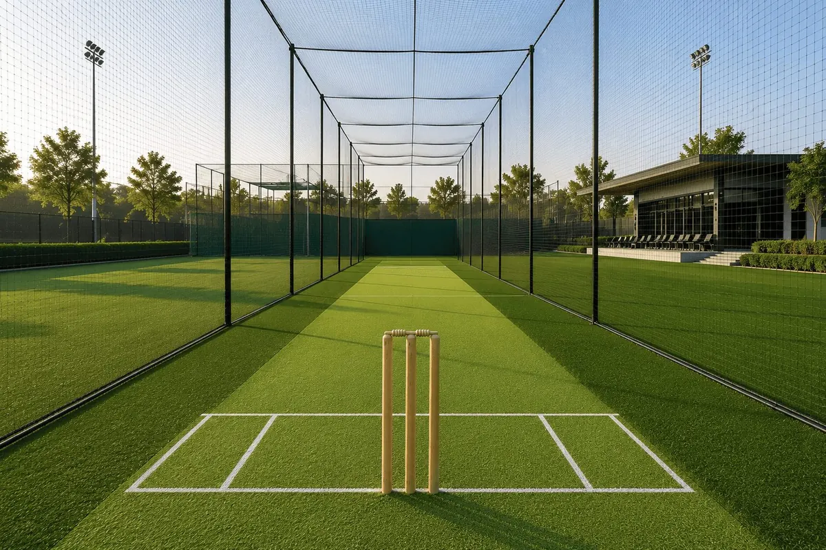 Outdoor cricket practice net with ILAN 9 mm turf pitch and pavilion