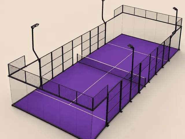 ILAN Ultra Panoramic padel court in purple turf, glass back walls and steel mesh structure