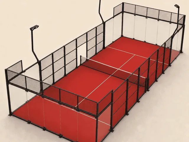 ILAN Panoramic padel court in red turf, glass back walls and steel mesh structure