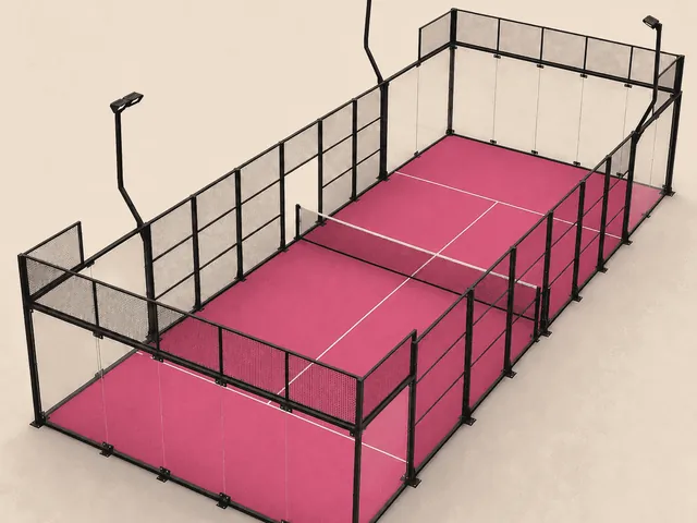 ILAN Panoramic padel court in pink turf, glass back walls and steel mesh structure
