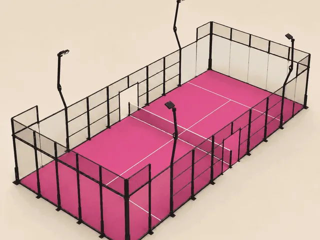 ILAN Classic padel court in pink turf, glass back walls and steel mesh structure