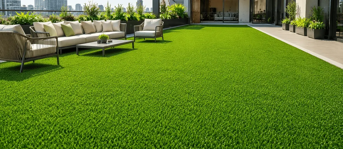 ILAN Ultra Soft artificial grass on a rooftop terrace with lounge seating
