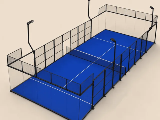 ILAN Ultra Panoramic padel court in blue turf, glass back walls and steel mesh structure