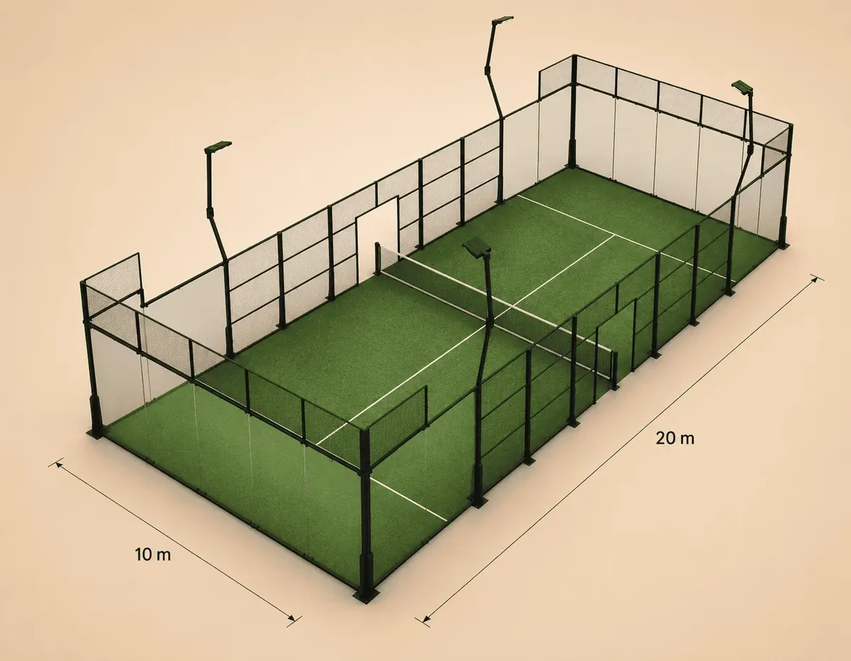 ILAN Panoramic padel court render in green, 20 x 10 m