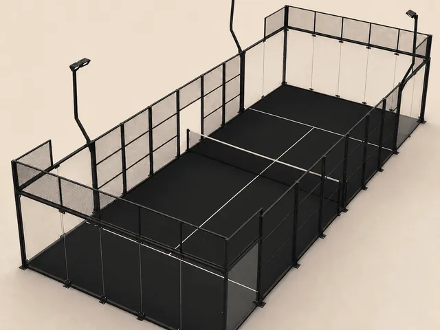 ILAN Panoramic padel court in black turf, glass back walls and steel mesh structure