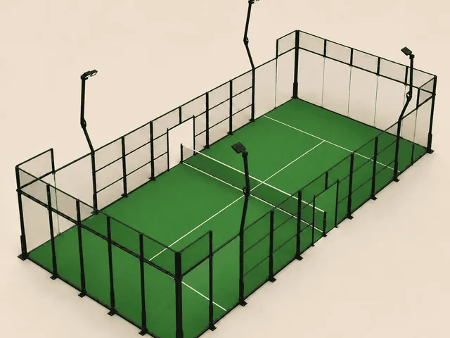 ILAN Classic padel court in green turf, glass back walls and steel mesh structure