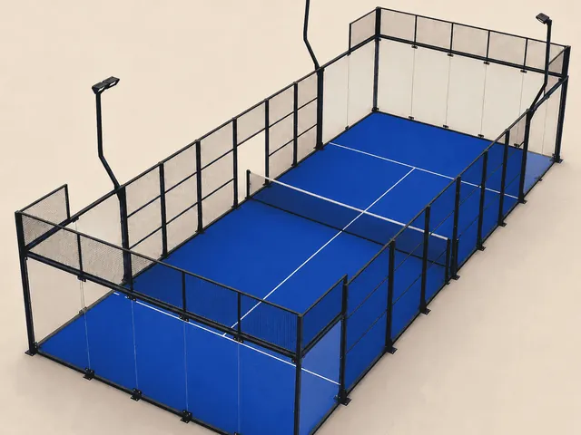 ILAN Panoramic padel court in blue turf, glass back walls and steel mesh structure
