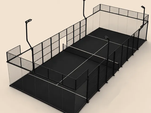 ILAN Ultra Panoramic padel court in black turf, glass back walls and steel mesh structure