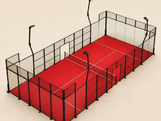 ILAN Classic padel court in red turf, glass back walls and steel mesh structure