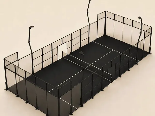 ILAN Classic padel court in black turf, glass back walls and steel mesh structure