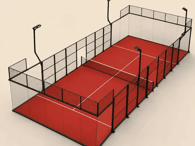 ILAN Ultra Panoramic padel court in red turf, glass back walls and steel mesh structure