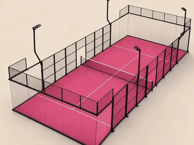 ILAN Ultra Panoramic padel court in pink turf, glass back walls and steel mesh structure