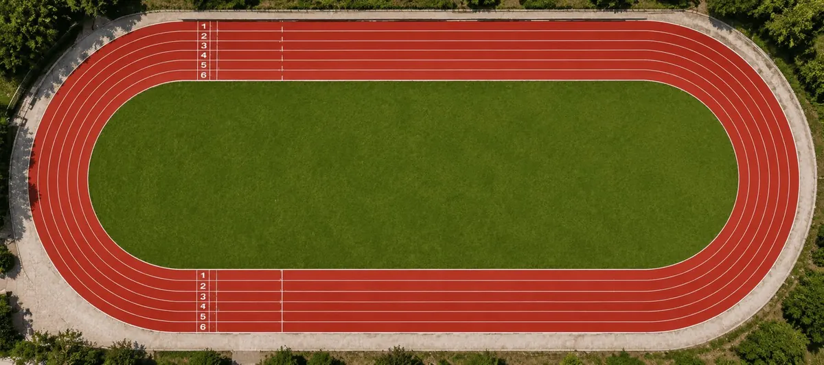 Aerial view of a full EPDM athletics track with green infield